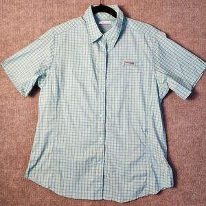 Columbia PFG Shirt Womens L Blue Plaid Excellent Short Sleeve Fishing Button Up